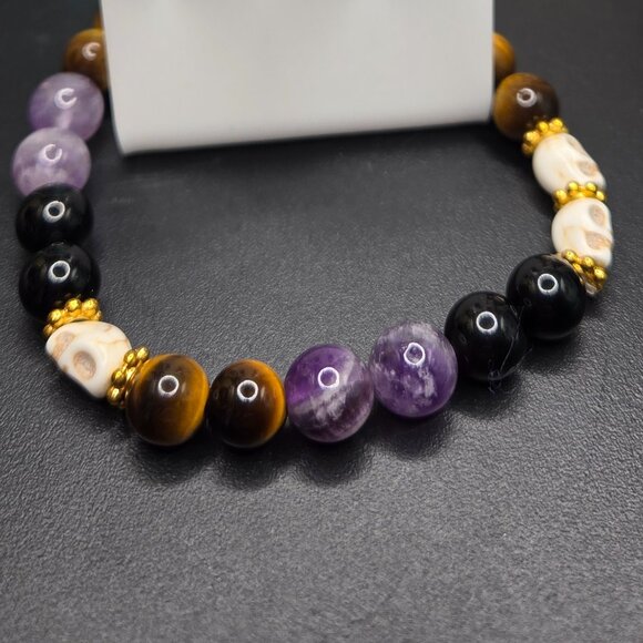 Gemstone Black Obsidian, Amethyst, Tiger's Eye Bracelet and Earrings Set - Picture 4 of 5